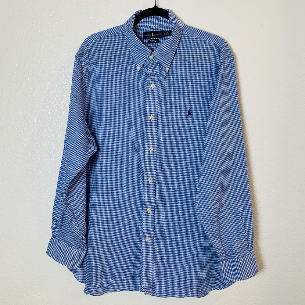 Ralph Lauren Mens Classic Fit Button Down Shirt Size Large 17 34/35 Blue Linen - Picture 1 of 13